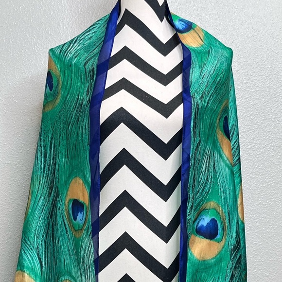 Satin Peacock Feather Print Bohemian Artsy Colorful Wrap Shawl - Picture 9 of 9
